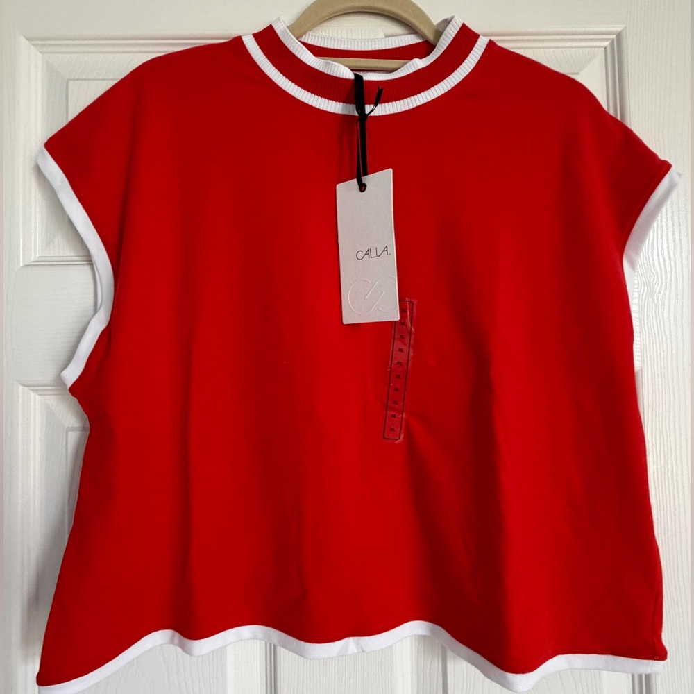 Calia Red Sleeveless Crewneck Crop Top with White Trim